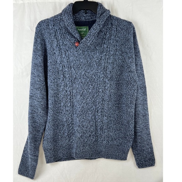 Emerald Isle Weaving Mens XL Blue Cable Knit‎ Wool Blend Shawl Collar Sweater